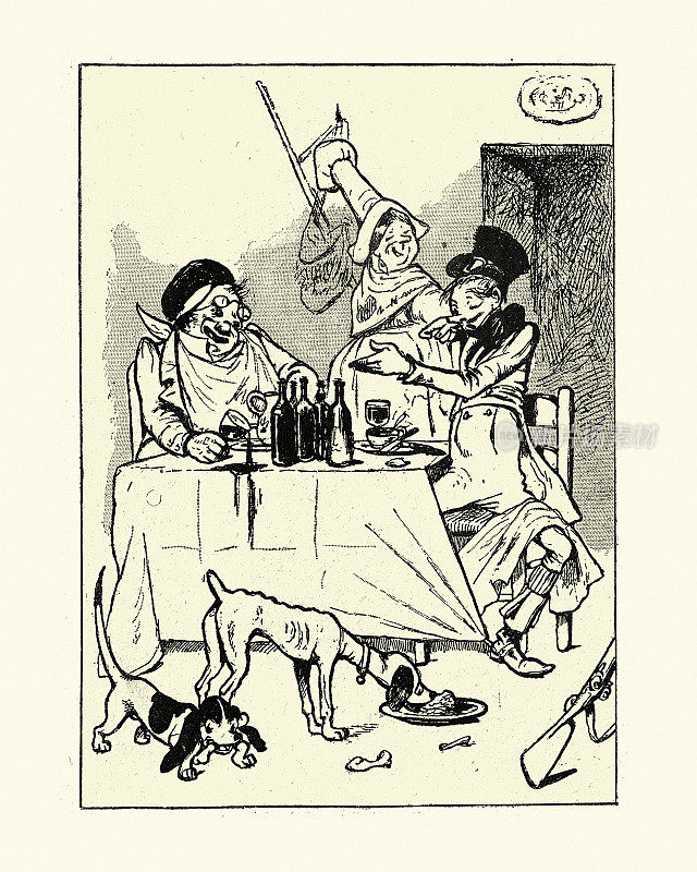 Two men having a drunken lunch, French cartoon caricatures